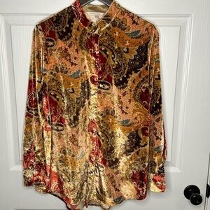 Soft Surroundings Montaigne Paisley Print Button Front Velvety Blouse Top Medium